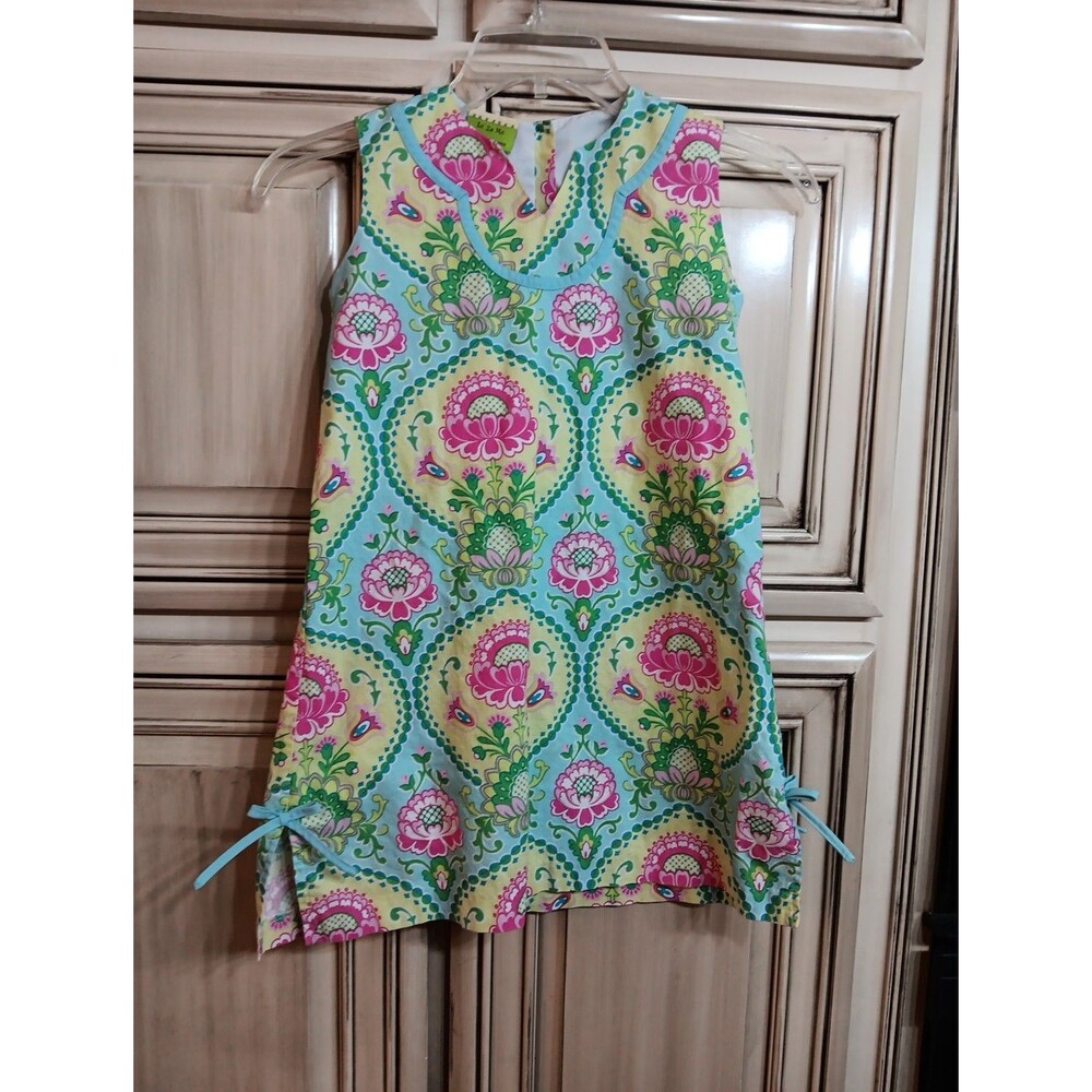 Le Za Me Pink Yellow Blue Green Floral Sleeveless Dress‎ Bow Accents - SIZE 7